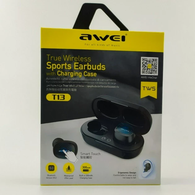 Сенсорные Bluetooth наушники Awei T13 с зарядным боксом Чёрные — изображение 6
